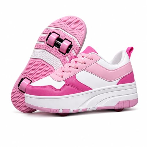 Mateju Zapatos con Ruedas para Niños y Niñas, Patines 2 en 1 Multiusos con 4 Ruedas Desmontable, Moda Casuales Zapatillas de Skateboarding Calzado Deportivas al Aire Libre (Rosa,31)