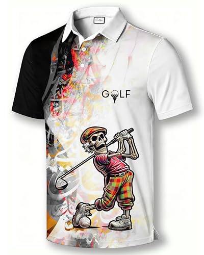 Coollyme Men'S Golf Polo Shirt, Skull Golfer Graphic Print, White With Colorful Abstract Design, Short Sleeve, 100% Polyester, Regular Fit
