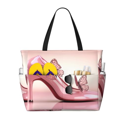 Pink High Heels Beach Bags For Women, Butterfly Shoes Large Waterproof Tote Bag Sandproof Pool Bag Handbag For Travel Work Gym