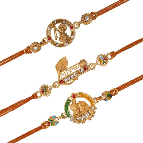 Image of eCraftIndia Set of 3 Shri Krishna, Radha Krishna, Dahi Handi Flute Designer Rakhis, Best Bro Ever Fridge Magnet with Roli Chawal Pack - Rakhi for Brother, Bhaiya, Bhai