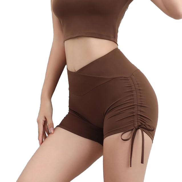 Shorts de sport femmes gainant pour gym et fitness taille haute push-up marron XL