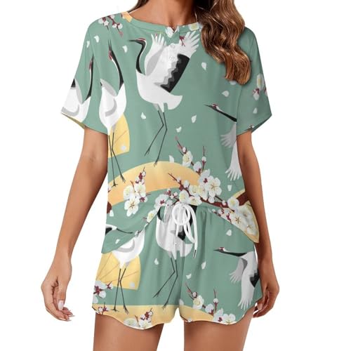 Pyjama femme oiseaux blancs fleurs anti-transpiration manches courtes