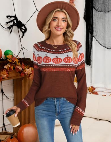 Image of Women's Fair Isle Sweater Crew Neck Long Sleeve Heart Sweater Vintage Tops