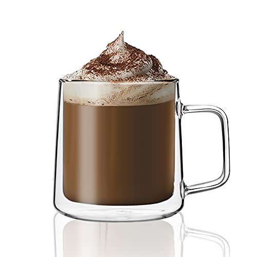 CNGLASS Double Walled Glass Coffee Mugs,15oz(1-pack) Insulated Glass Mugs with Handle,Clear Espresso Cups for Latte,Cappuccino,Tea Bag