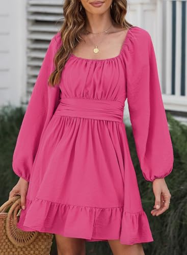 Image of Dokotoo Womens Dress Lantern Sleeve Elastic Waist Tie Backless Mini Dress | Square Neck,Off Shoulder,Flowy,Ruffle A-Line,Casual,Mini Dress,Beach Vacation Clothes,Fall Outifits,Wedding Guest,Boho