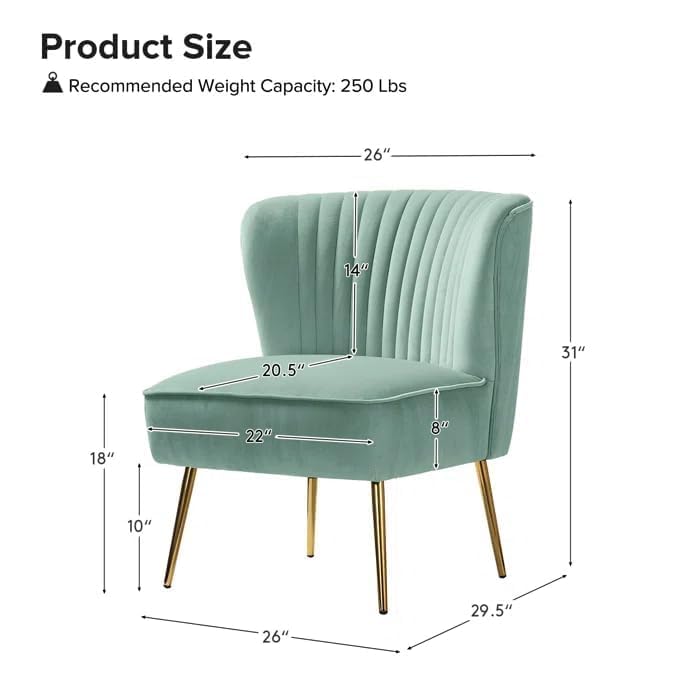 Image of Modern Upholstered Accent Velvet Chair Single Seater Channel Tufted Wing Back Chair with Golden Matel Legs for Living Room, Bedroom, Dining Room, Saga