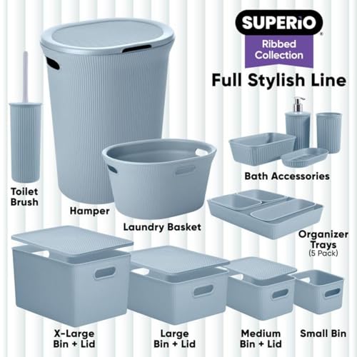 Image of Superio Ribbed Collection - Decorative Plastic Basket Open Home Storage Bins Organizer, Blue Containers for Organizing Closet Storage Bins for Shelves (Bin with Lid- Extra Large (22 Liter), 2 Pack)