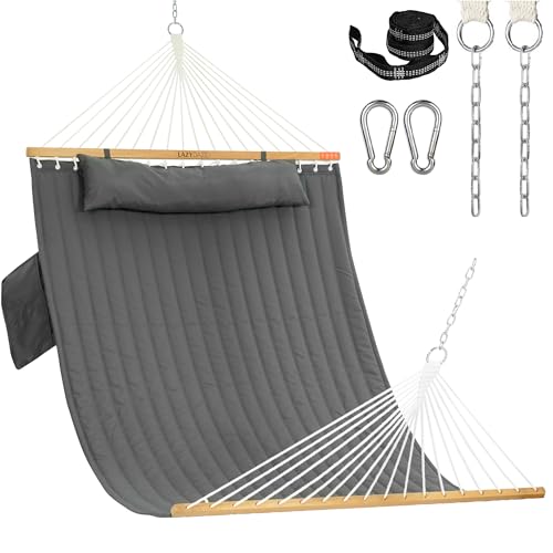 Lazy Daze Hammocks 2 Person Double Quilted Fabric Hammock with Spreader Bar, Detachable Pillow, Side Pocket, Carabiners, Chains, Straps for Outdoor, 450lbs Capacity, Grey