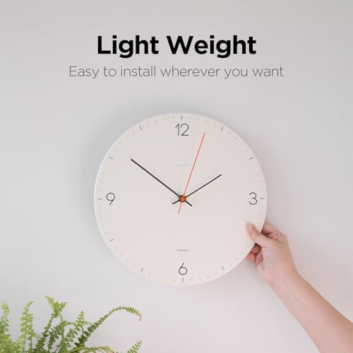 Image of mooas Flatwood Wall Clock,12 inch Non-Ticking Sweep Movement (Simple White) | Decorative Battery Operated Wall Clock for Home Living Room Kitchen Bedroom Office School