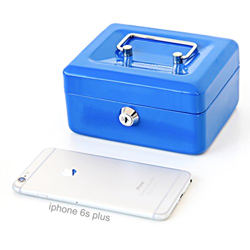 Image of Decaller Small Cash Box with Key Lock, Double Layer Metal Money Box for Home Security, Portable Locking Box, 5.9 inch x 4.7 inch x 3.2 inch, Blue