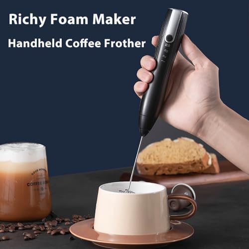 Image of Rechargeable Handheld Milk Frother Wand with Stand | 2 Whisk Heads, 3 Speeds Adjustable Coffee Drink Mixer with Stand for Lattes, Matcha, Hot Chocolate, Egg, Matcha, Black