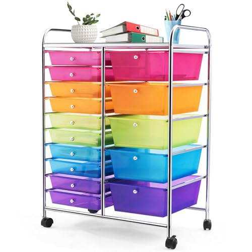 BestComfort 15 Drawers Rolling Cart, Storage Cart with w/Removable Drawers & Steel Frame, Multipurpose Utility Cart w/Sleek Handle, Organizer Cart on Lockable Wheels for Home, School, Office