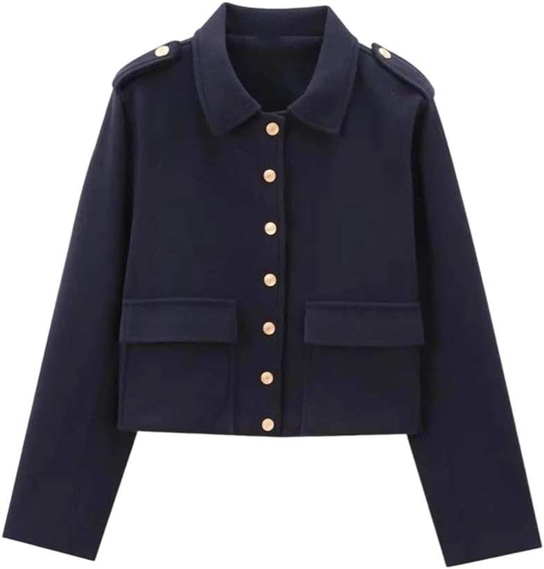Women's Single-Breasted Cropped Jackest With Stand-Up Collar And Pocket Detailing
