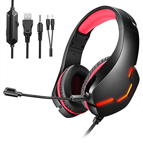 Gaming Headset for PS4 Headset Xbox One Headset with Surround Sound PC Gaming Headset with Clear Mic & Large Ear Pads for Xbox One (Adapter Included), PS4, PC, Laptop (Red)