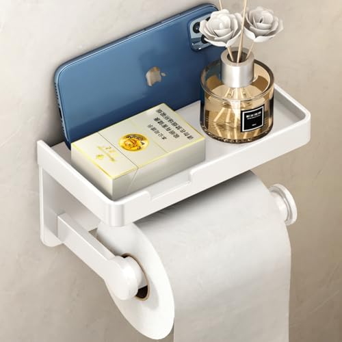 VOLDRA Toilettenpapierhalter Ohne Bohren mit Ablage Selbstklebend Oder Schraubbar Klopapierhalter Rostfrei & Multifunktional Badezimmer Klorollenhalter Wc Papier Halterung(Weiß)