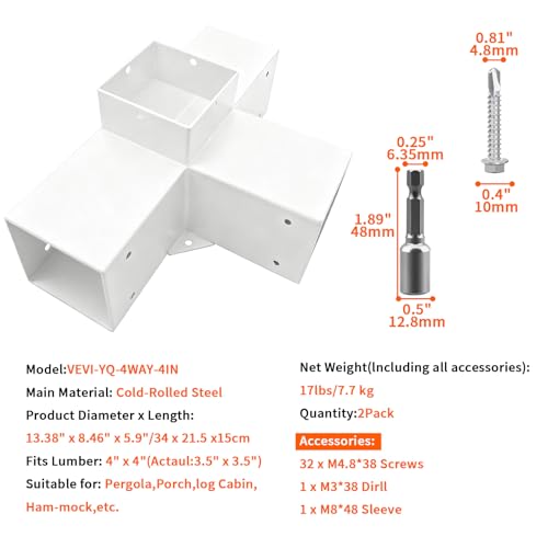 Image of 2Pack 4-Way Pergola DIY Bracket Kit,White Heavy Duty Right Angle Corner Brackets with Screws for 4 inchx4 inch(Actal:3.5 inchx3.5 inch) Wood Beams for Outdoor Pavilion,Kitchen,Porch,Hammock,Hunt Cabin