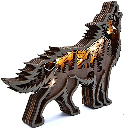 Annoomm Forest Wolf Decor,Animal Wooden Wolf Statues and Figurines Home Ornament Multilayer Woodland Wolf Silhouette and Sculpture ,Wolf Decorations for Shelf Table Wood (Wolf+Light)