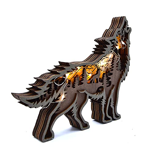 Annoomm Forest Wolf Decor,Animal Wooden Wolf Statues And Figurines Home Ornament Multilayer Woodland Wolf Silhouette And Sculpture ,Wolf Decorations For Shelf Table Wood (Wolf+Light) #TOP2