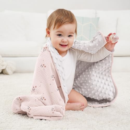 Image of Susurration Baby Blanket for Unisex Boys Girls, Soft Nursery Minky Blanket with Muslin Cotton Front and Dotted Fleece Back, Receiving Blanket for Baby Newborn Infant, 30x40inch