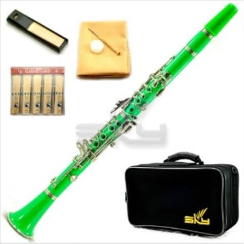 SKY Green ABS Student Bb Clarinet with Case, Mouthpiece, 11 Reeds, Care kit and more