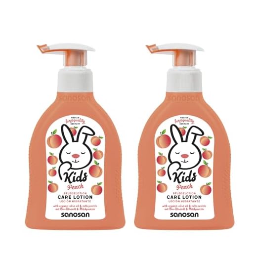 sanosan 2x Bodylotion Kinder mit Pfirsich Duft 200 ml - Body Lotion mit Bio Olivenöl & Milchprotein - Hautpflege, Körperlotion, Baby Lotion, Creme Kinder trockene Haut