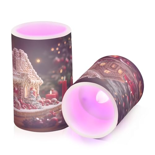 Image of Gingerbread House Flickering Flameless Candles LED Battery Operated with Remote Timer Pillar Candles for Home Birthday Wedding Christmas Decor, Set of 2