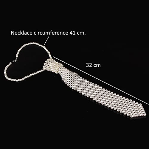 mollensiuer 1 Piece White Artificial Pearls Neck Tie Handmade Weaving Ladies Shirt Necklace Neck Ties Beaded Tie Necklace for Women2