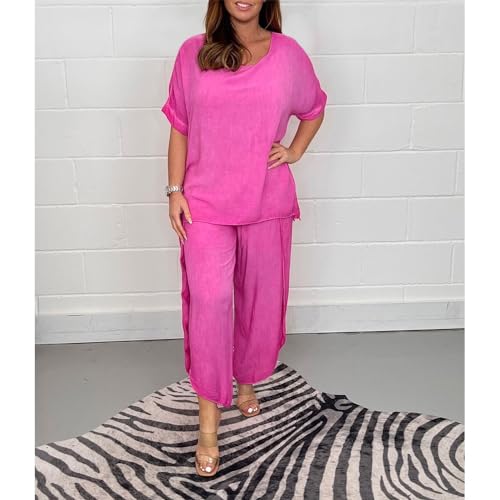 Womens Cotton Linen 2 Piece Sets Short Sleeve Loose High Low T Shirt Wide Leg Capri Pants Suit3