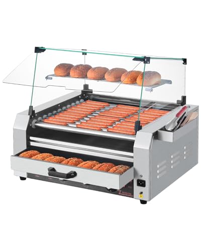 VEVOR Hot Dog Roller, 30 Hot Dog 11 Rollers, Stainless Steel Sausage Grill Cooker, 1950W Hot Dog Machine with Bun Warmer, Cover, 3 Temp Control, Side Storage Box, Oil Drip Tray, for Home & Commercial