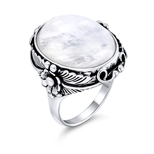 South Western Native American Style Leaf Large Oval Gemstone Boho Moonstone Statement Ring Western Jewelry For Women .925 Sterling Silver #TOP1
