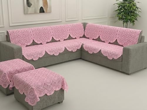 Image of Fab Nation Sofa Cover L Shape 7 Seater with Corner L Type Fully Covered Sofa Set for Living Room | Cotton Sofa Slipcovers for 4 + 3 Seaters Cover + 2 Setty Cover Set | Pink Circle