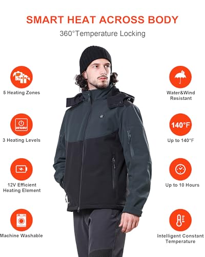 DEWBU Soft Shell Heated Jacket for Men with 12V Battery Pack and Detachable Hood Outdoor Electric Heating Coat3