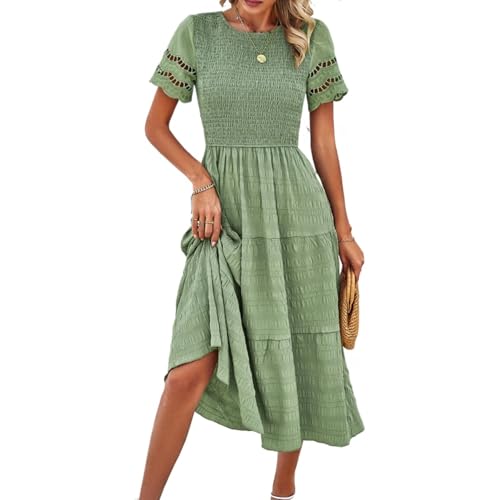 Image of Sumleno 2026 Women's Summer Midi Dresses Short Sleeve Smocked Tiered Dress Vacation Beach Wedding Guest Elegant Boho Sundress