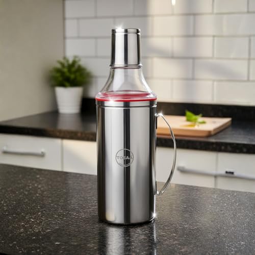 Image of Tosaa Stainless steel Oil dispenser 1000ml | Oil dispenser bottle with drip of Nozzel | Oil can with Handle | Oil Pourer | Pack of 1
