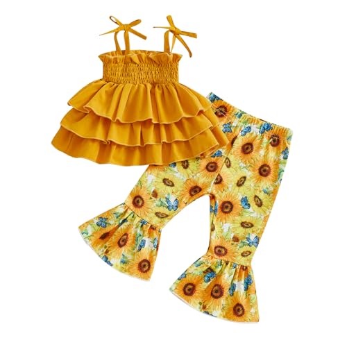 Image of Tempura Baby Toddler Girl Summer Outfits Tie Shoulder Ruffle Layered Cami Tops Flared Pants 2 Pcs Set