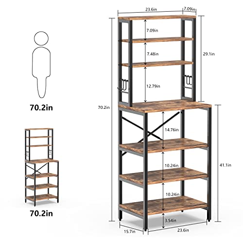 Amosic Industrial Kitchen Baker’s Rack, Multiuse 7-Tier Metal Kitchen Bakers Rack, 6 S-Hooks, Floor Standing Spice Rack Organizer Workstation, For Microwave, Spice Jars, Pots And Pans, Rustic Brown #TOP1