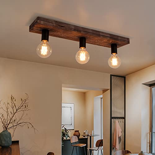 E27 vintage plafonnier bois rectangle lustre 3-ampoules led rétro de plafond industriel métal suspension salle à manger salle de séjour salle de bain...