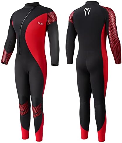 Yueta Mens Wetsuit 3mm Neoprene Full Body Diving Suit Front Zip Long Sleeve Keep Warm for Swimming Surfing Snorkeling Kayaking in Cold Water (Men's Red, L)