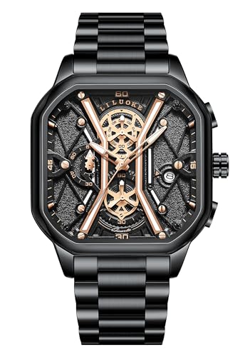 LILUOKE Watches for Men Chronograph Analog Watch,Square Watch Men,Quartz Watch with Stainless Steel,Nice Black Dress Watch,3ATM Waterproof Men’s Watch,Best Fancy Wrist Watch,Relojes Para Hombres