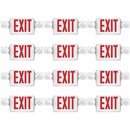 Sunco 12 Pack Red Exit Sign with Emergency Lights, Two Adjustable Square Head Lights, 94V-0 Fire Resistant, Backup Battery, 120-277V, Wall or Ceiling Mount, Commercial Grade Double Sided