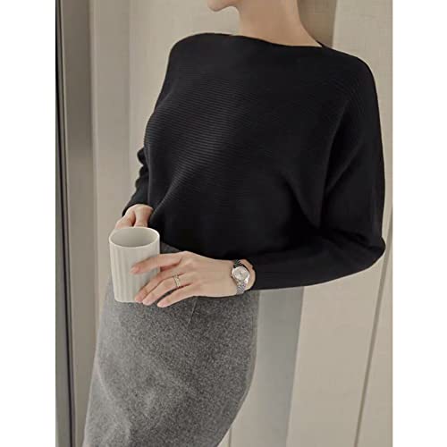 Image of Blostirno Women's Boat Neck Batwing Sleeves Dolman Ribbed Knitted Sweaters Pullovers Tops