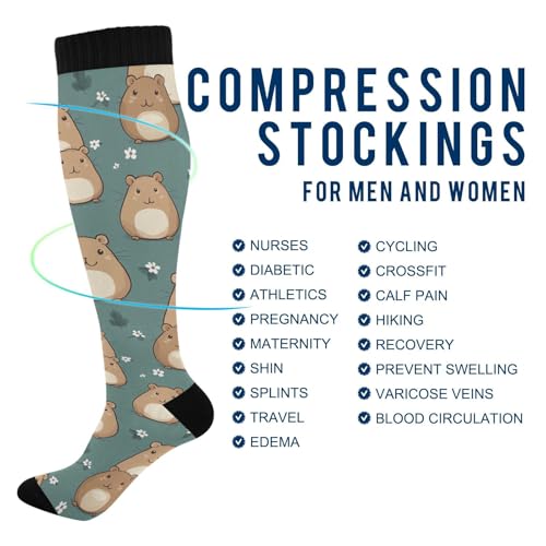 Image of Pigsaly Womens Compression Socks Yellow Stars Funny Brown Capybara Knee High Socks Athletic Tube Sock Outdoor Sport Socks
