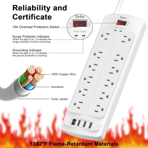 Image of 6 Feet Extension Cord Power Strip, Yintar Surge Protector with 12 AC Outlets and 4 USB Ports, 2700 Joules, ETL Listed, White