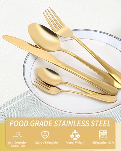 Besteck Set 12 Personen, 60-teiliges Goldenes Besteck, Hochglanzpoliert und Spülmaschinenfest, Elegantes Besteck Gold, mit Messer Gabel Löffel, für Haus, Party, Restaurant(Gold)