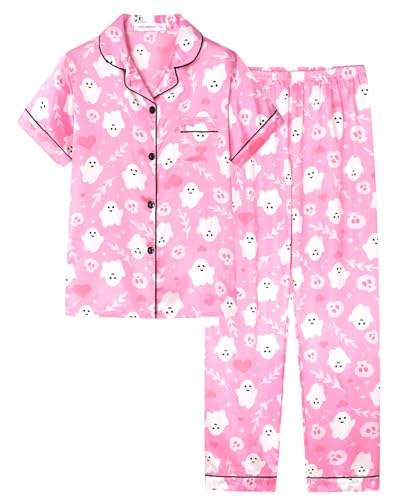 Pink Ghosts Halloween Satin Pajamas for Big Girls Silk Button Down Short Sleeve & Pants PJS Clothes Size 8-16