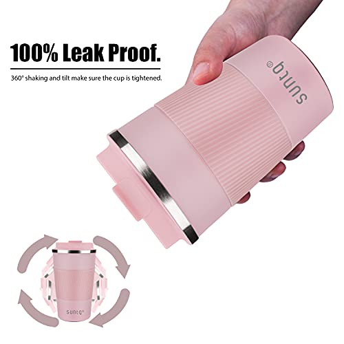 SUNTQ Tazas de café reutilizables de viaje de 510 ml con tapa a prueba de fugas - Taza térmica aislada - Taza de viaje de acero inoxidable con agarre de goma para bebidas calientes y frías, color rosa - Imagen 6