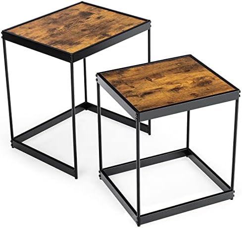Giantex Nesting Coffee Tables, Set of 2 End Tables, Space Saving Design Side Tables for Living Room Balcony, Industrial Rustic Nesting Tables with Sturdy Metal Legs, Easy Assembly