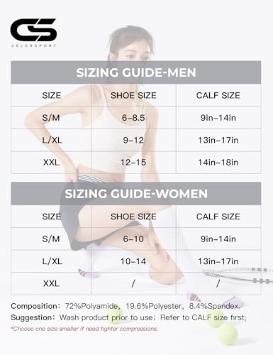 CS CELERSPORT 3 Pairs Compression Socks for Men and Women Running Support Socks, Black + White + Grey, XX-Large