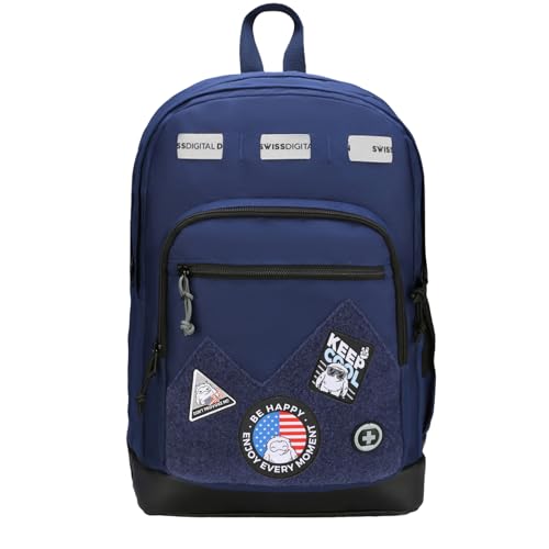 Swissdigital Design Big Student Laptop Backpack with Fun Personalized Patches For College Men & Women, Middle High School Teen Bookbag Cool Travel Daypack Blue -Includes 3 Patches | SD1718-12