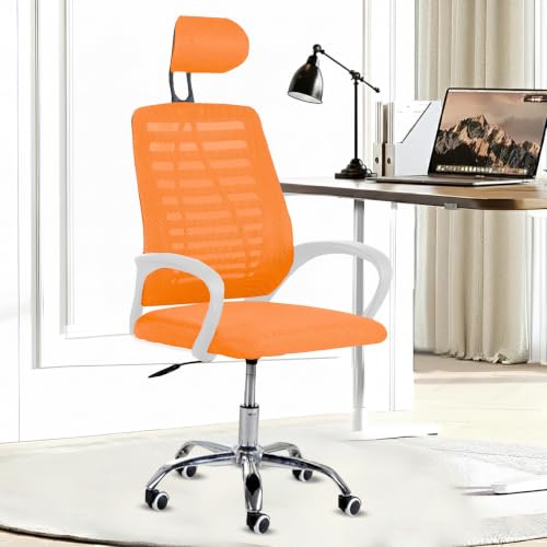 Image of Casa Copenhagen,Mesh Office Desk Chair,Rocking Ergonomic Computer Chair Adjustable High with Headrest and Comfortable Armrest Swivel - Orange & White Handle